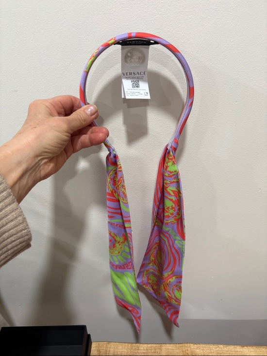 Versace Multicolor Silk Bow Headband in Lavender, Neon Green & Coral main image 6